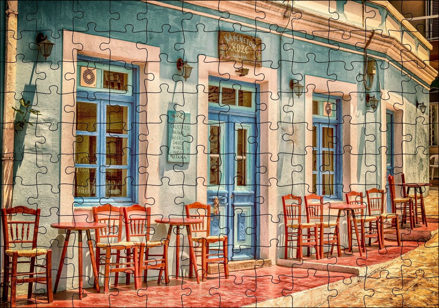 Otantik Yunan Kafeteryası ve Kırmızı Sandalyeler Puzzle Yapboz MDF Ahşap 120 Parça 24 cm X 34 cm