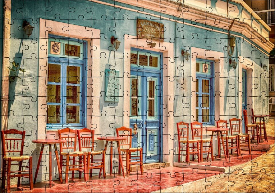 Otantik Yunan Kafeteryası ve Kırmızı Sandalyeler Puzzle Yapboz MDF Ahşap 120 Parça 24 cm X 34 cm