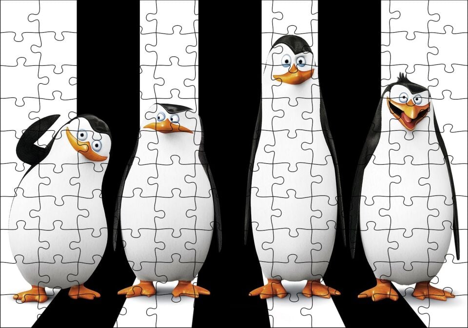 Madagaskar Penguenleri Siyah Beyaz Görseli Puzzle Yapboz MDF Ahşap