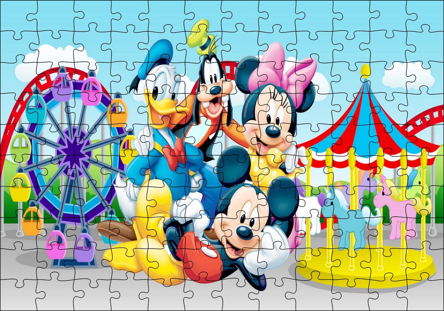 Luna Parkta Daisy Duck Goofy Mickey Ve Minnie Mouse Puzzle Yapboz MDF Ahşap