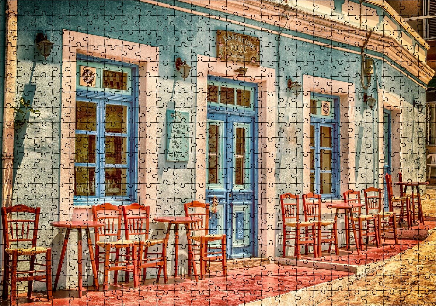 Otantik Yunan Kafeteryası ve Kırmızı Sandalyeler Puzzle Yapboz MDF Ahşap 500 Parça 49 cm X 68 cm