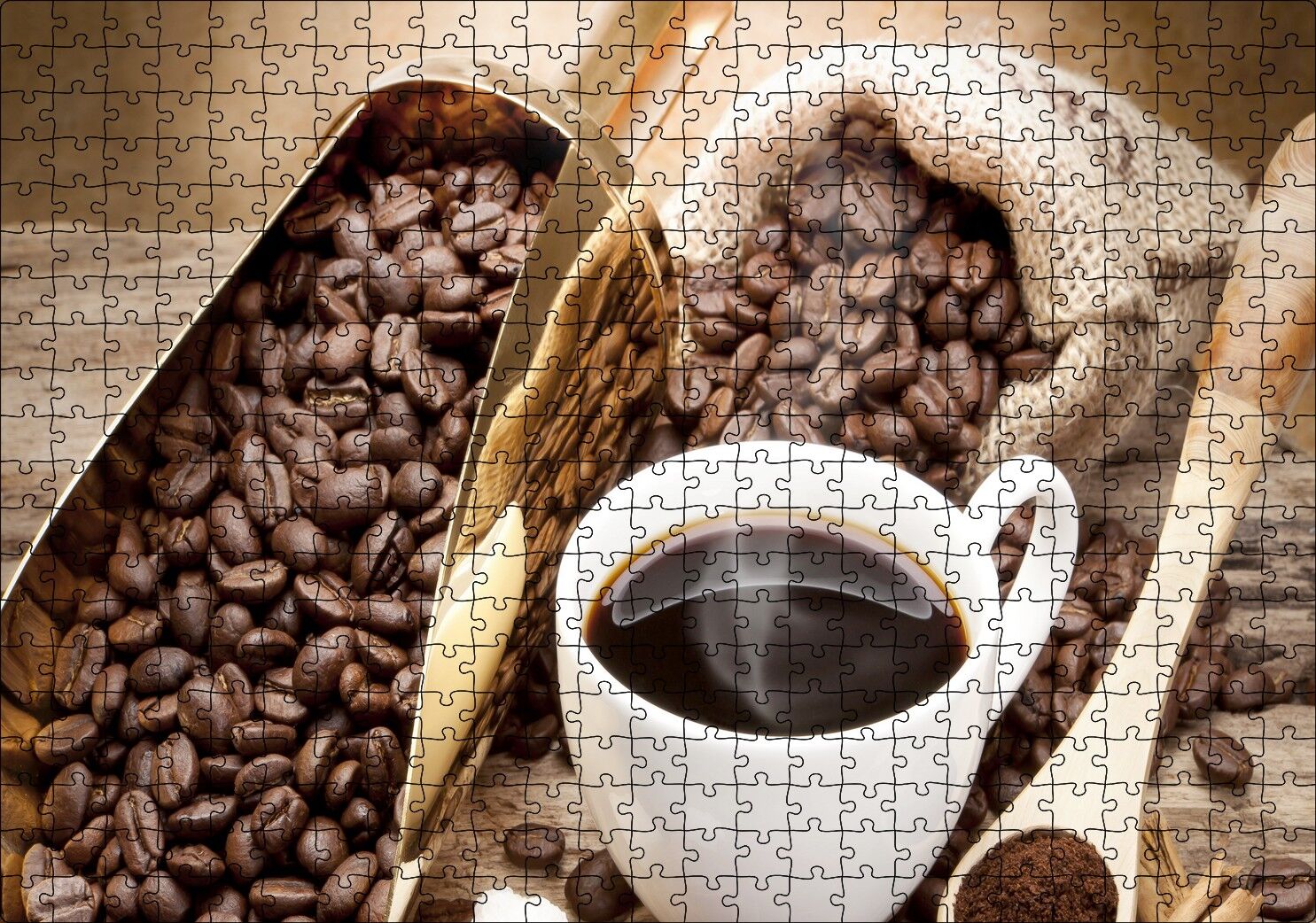 Beyaz Seramik Kupa ve Kahve Çekirdekler Görseli Puzzle Yapboz MDF Ahşap 500 Parça 49 cm X 68 cm
