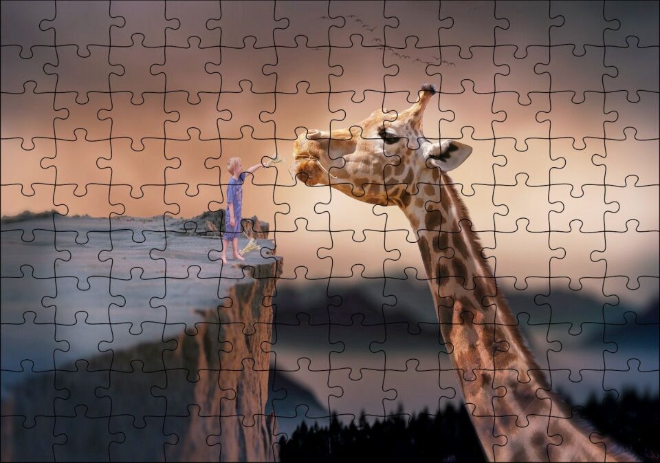 Fantastik Dev Zürafa ve Küçük Çocuk Puzzle Yapboz MDF Ahşap