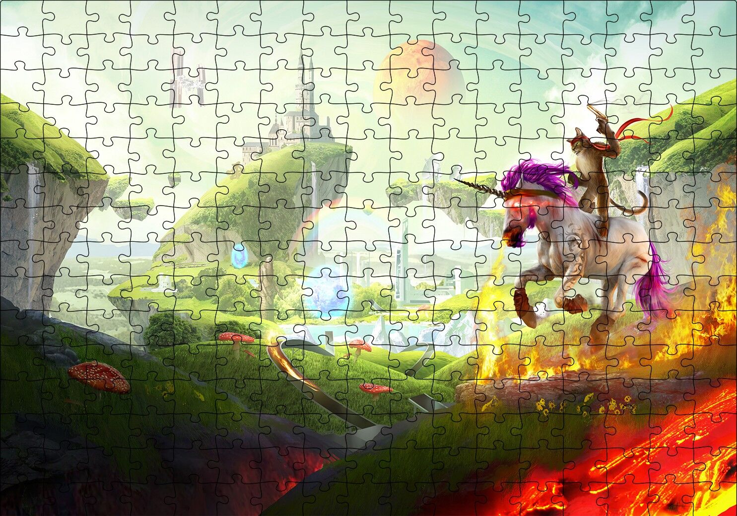 Çizmeli Kedi ve Unicornun Şato Saldırısı Puzzle Yapboz MDF Ahşap 255 Parça 34 cm X 49 cm