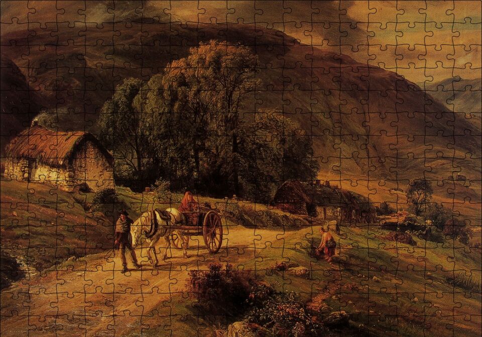 Kulübe Ağaçlar Dağlar ve At Arabası Puzzle Yapboz MDF Ahşap 255 Parça 34 cm X 49 cm