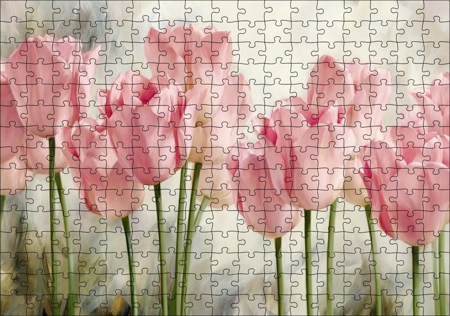 Pembe Laleler Yağlı Boya Puzzle Yapboz MDF Ahşap 255 Parça 34 cm X 49 cm