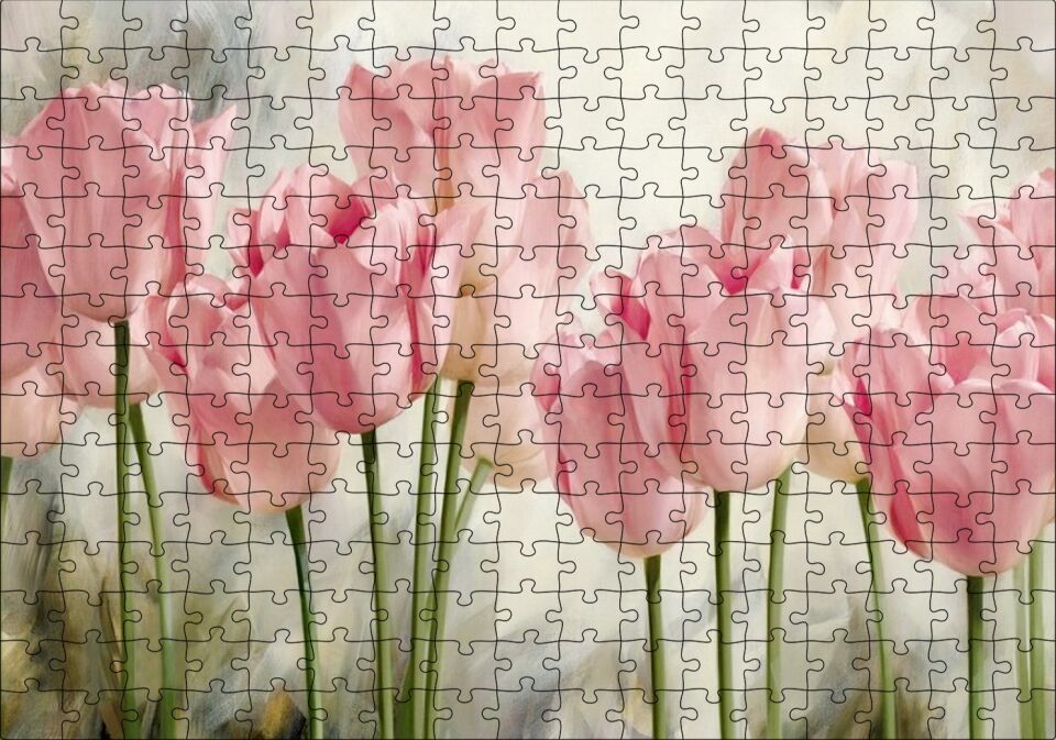 Pembe Laleler Yağlı Boya Puzzle Yapboz MDF Ahşap 255 Parça 34 cm X 49 cm