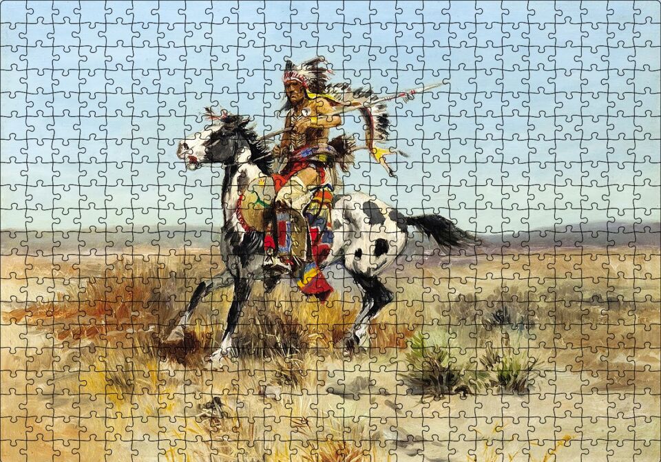 Savaşçı Kızılderili Yağlı Boya Puzzle Yapboz MDF Ahşap 500 Parça 49 cm X 68 cm