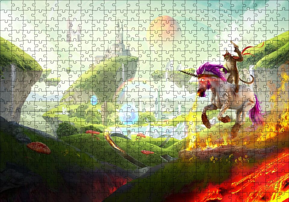 Çizmeli Kedi ve Unicornun Şato Saldırısı Puzzle Yapboz MDF Ahşap 500 Parça 49 cm X 68 cm