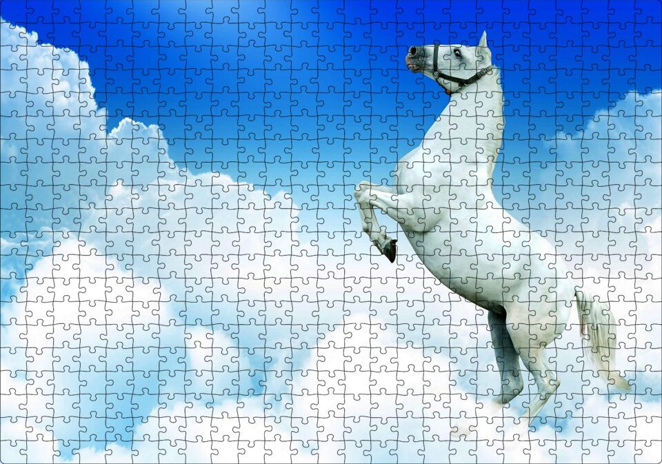 Beyaz Bulutlar ve Şahlanan Beyaz At Puzzle Yapboz MDF Ahşap 500 Parça 49 cm X 68 cm