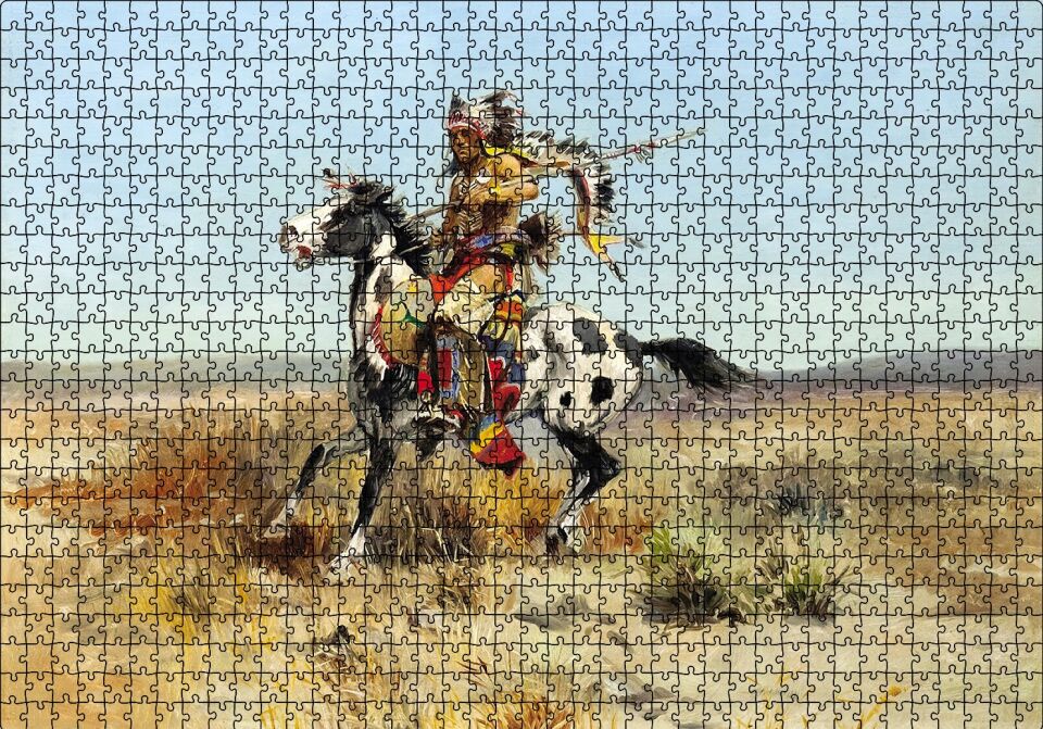 Savaşçı Kızılderili Yağlı Boya Puzzle Yapboz MDF Ahşap 1000 Parça 49 cm X 68 cm