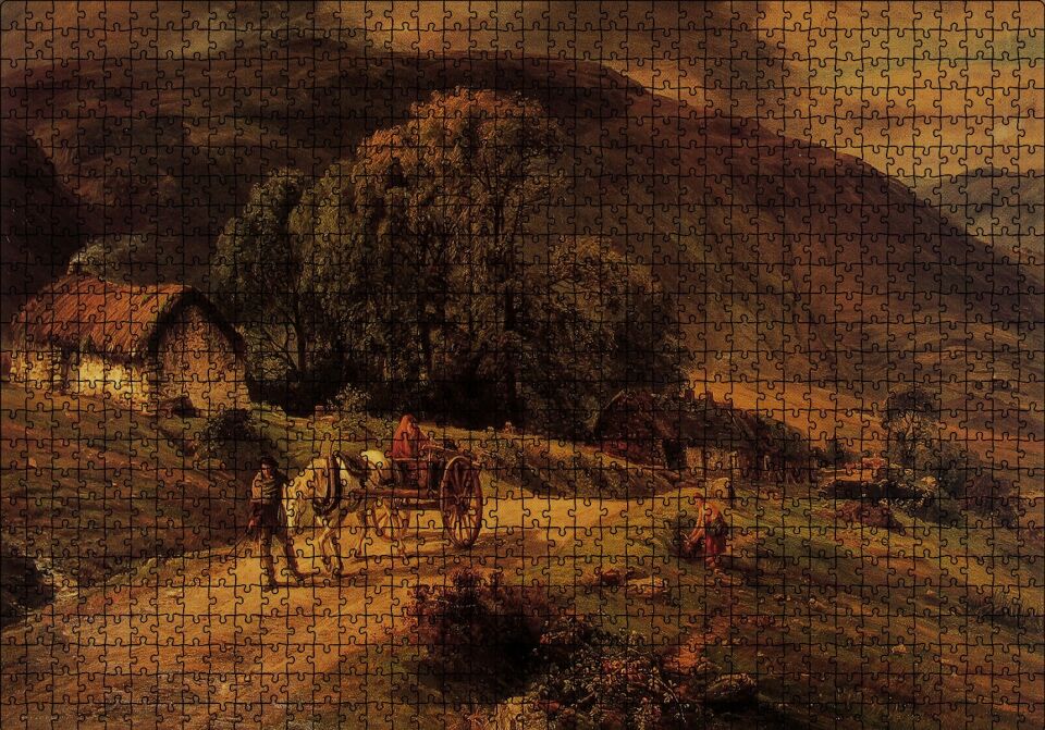 Kulübe Ağaçlar Dağlar ve At Arabası Puzzle Yapboz MDF Ahşap 1000 Parça 49 cm X 68 cm