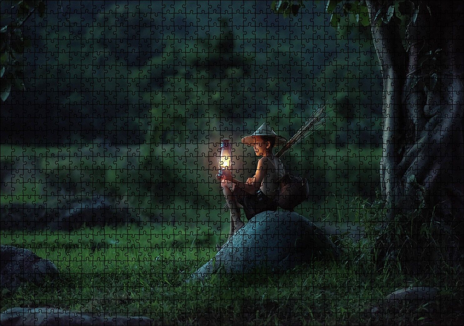 Asyalı Kız Gece Lambası ve Orman Puzzle Yapboz MDF Ahşap 1000 Parça 49 cm X 68 cm