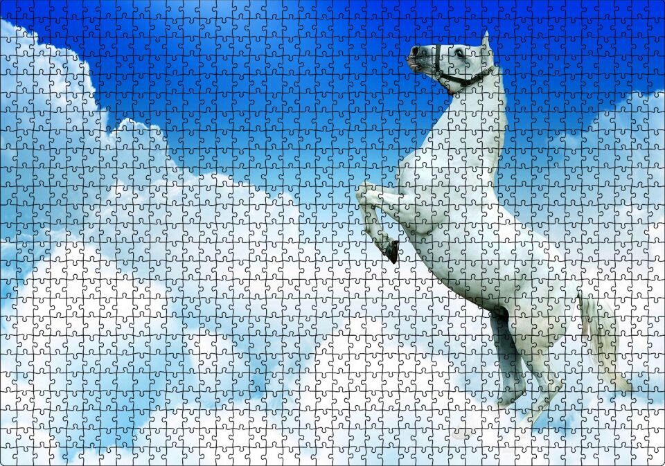 Beyaz Bulutlar ve Şahlanan Beyaz At Puzzle Yapboz MDF Ahşap 1000 Parça 49 cm X 68 cm