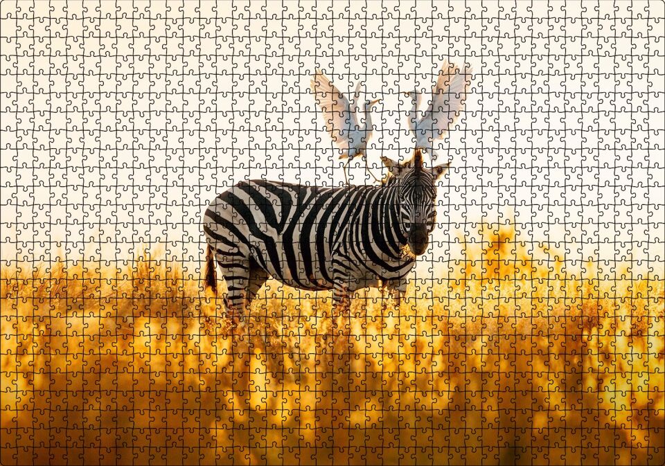 Doğada Zebra Ve Kuşlar Görseli Puzzle Yapboz MDF Ahşap 1000 Parça 49 cm X 68 cm