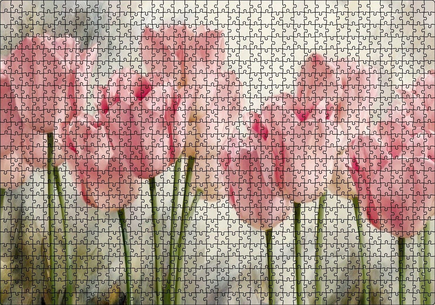 Pembe Laleler Yağlı Boya Puzzle Yapboz MDF Ahşap 1000 Parça 49 cm X 68 cm