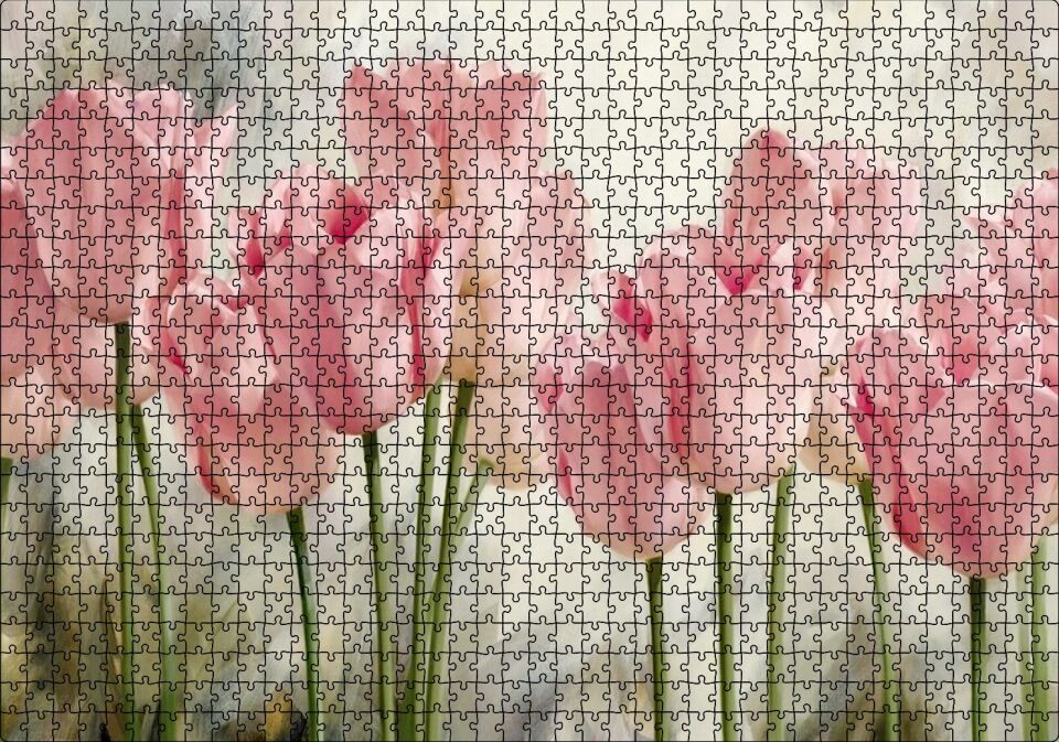 Pembe Laleler Yağlı Boya Puzzle Yapboz MDF Ahşap 1000 Parça 49 cm X 68 cm