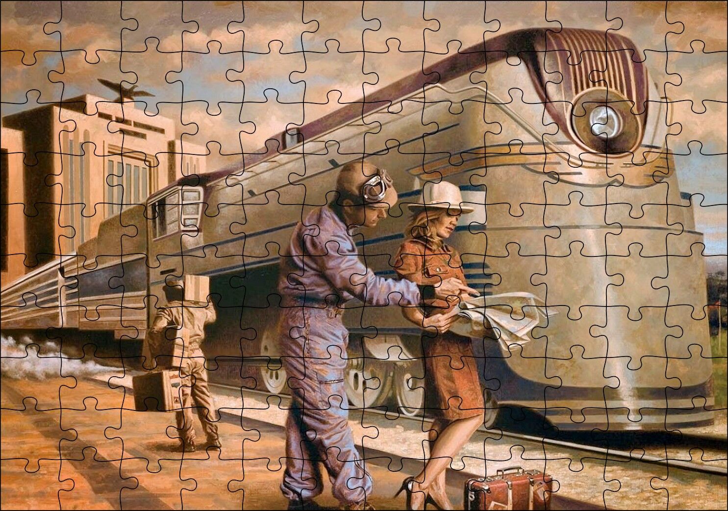 Fütüristik Tren ve Eski Kıyafetli Yolcular Puzzle Yapboz MDF Ahşap