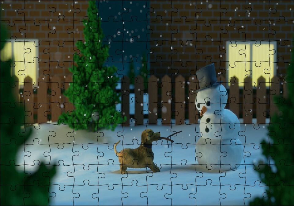 Kardan Adam ve Oyun İsteyen Köpek Puzzle Yapboz MDF Ahşap 120 Parça 24 cm X 34 cm