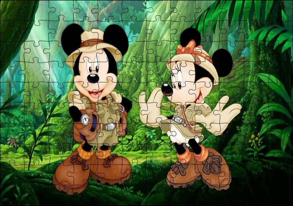 Masaüstünde Mickey Maus Ve Minnie Mouse Safari Puzzle Yapboz MDF Ahşap