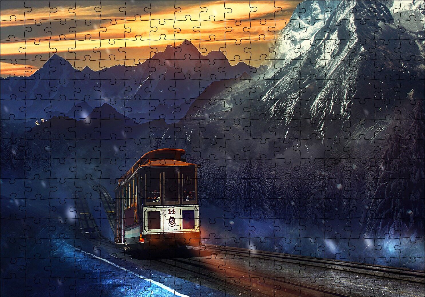 Dağlar Kar Yağışı ve Tren Puzzle Yapboz MDF Ahşap 255 Parça 34 cm X 49 cm