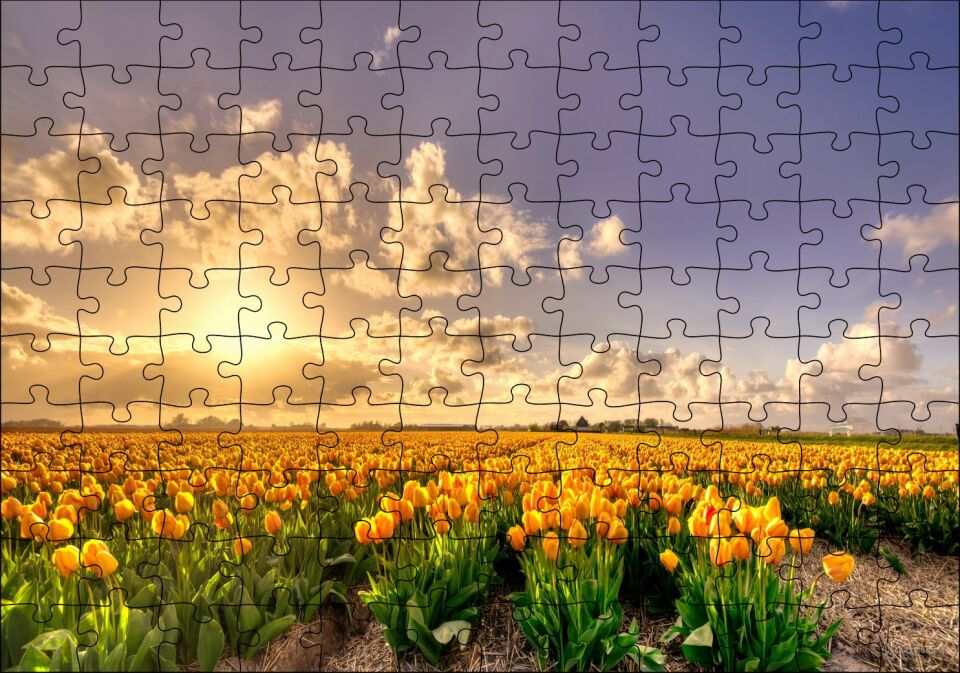 Günbatımında Bulutlar ve Sarı Laleler Puzzle Yapboz MDF Ahşap
