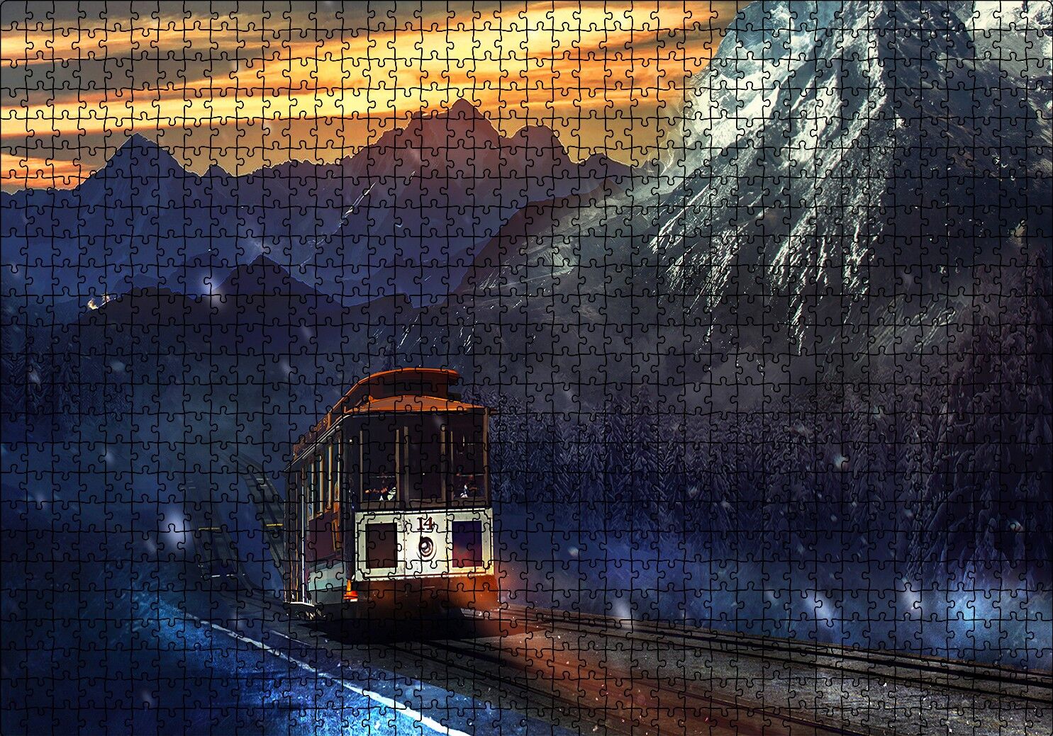Dağlar Kar Yağışı ve Tren Puzzle Yapboz MDF Ahşap 1000 Parça 49 cm X 68 cm