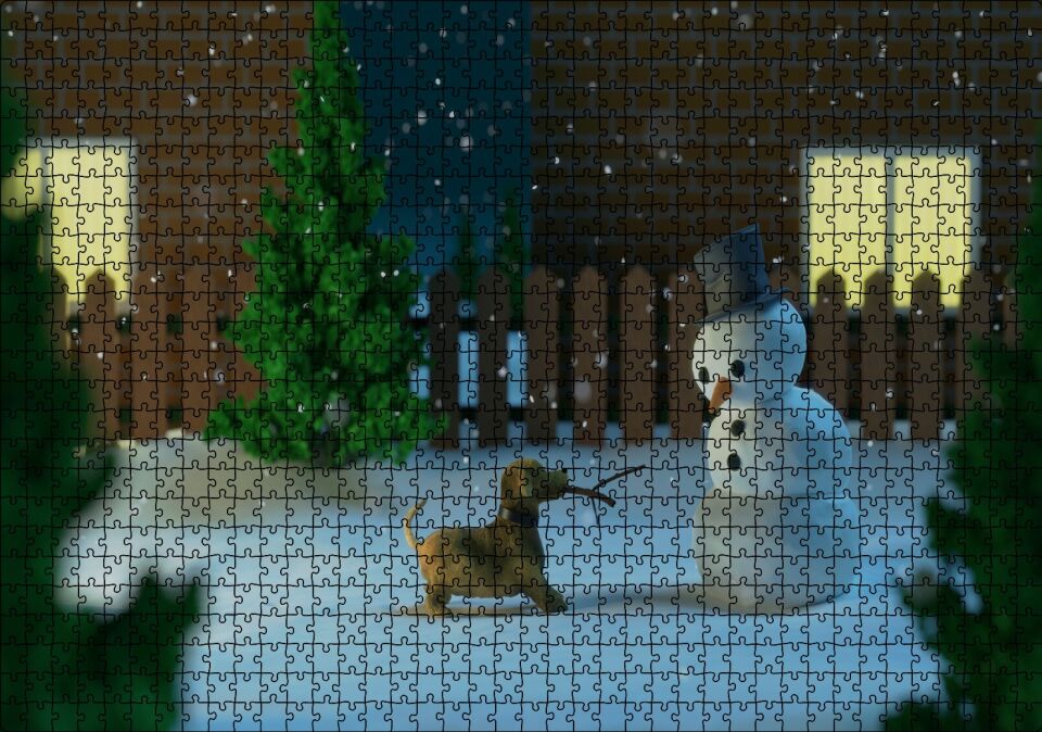 Kardan Adam ve Oyun İsteyen Köpek Puzzle Yapboz MDF Ahşap 1000 Parça 49 cm X 68 cm