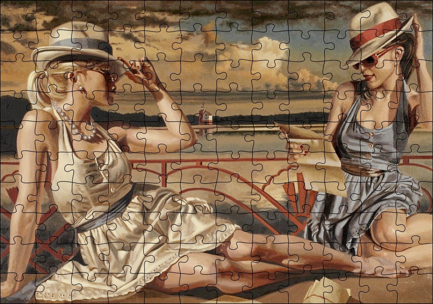 Güneşlenen ve Mektup Okuyan Kızlar Puzzle Yapboz MDF Ahşap