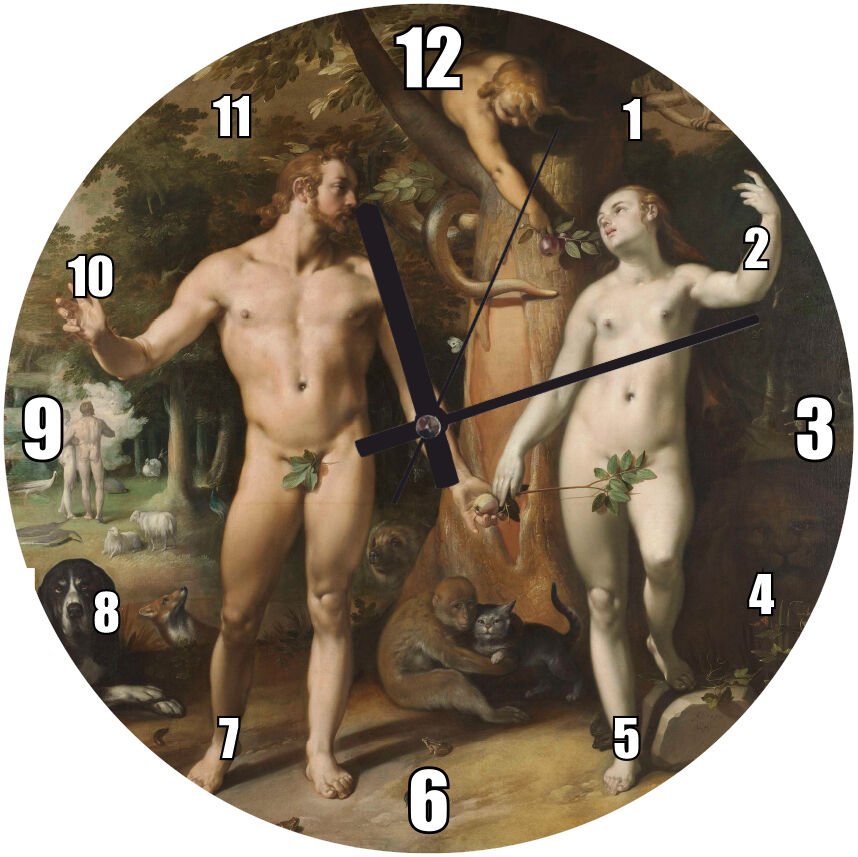 Adem ile Havva Yağlıboya Çizim Mdf Ahşap Duvar Saati