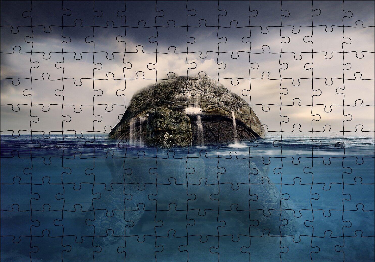 Deniz Kaplumbağası Sırtında Ada ve Şelaleler İllüstrasyon Puzzle Yapboz MDF Ahşap 120 Parça 24 cm X 34 cm