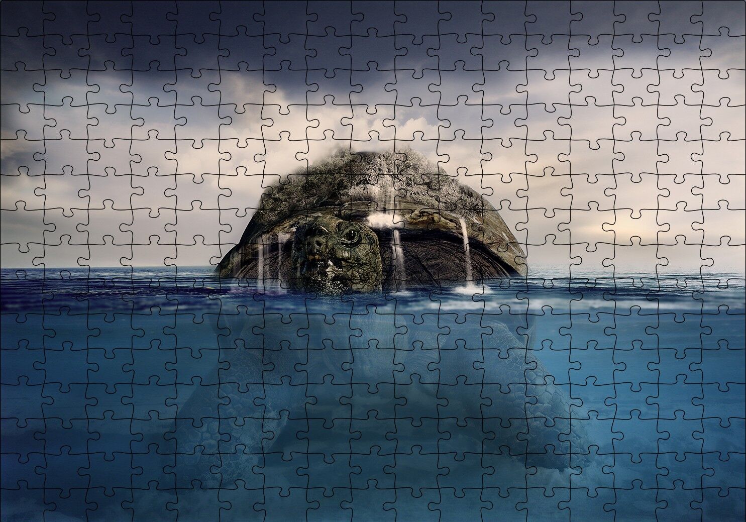 Deniz Kaplumbağası Sırtında Ada ve Şelaleler İllüstrasyon Puzzle Yapboz MDF Ahşap 255 Parça 34 cm X 49 cm