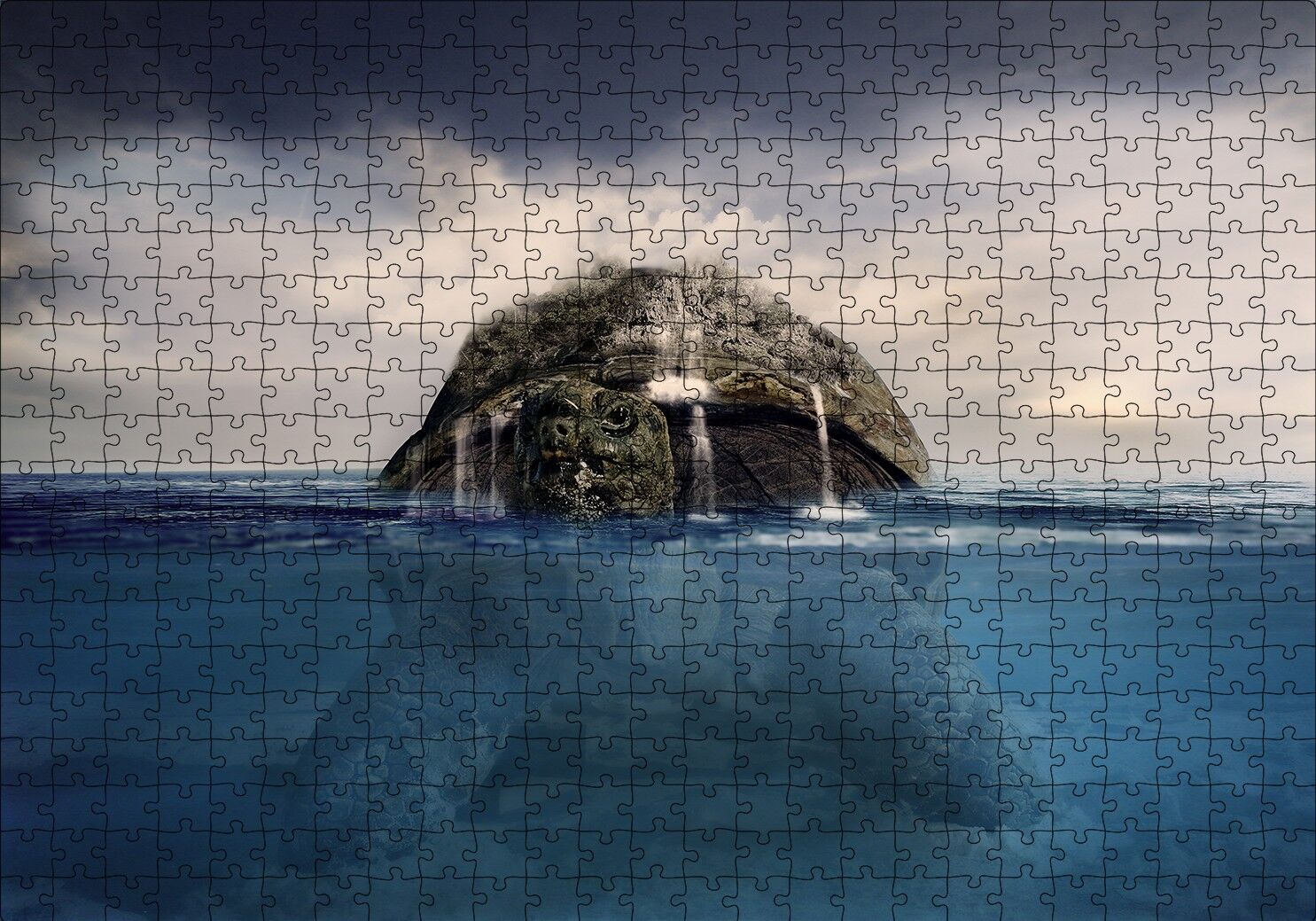 Deniz Kaplumbağası Sırtında Ada ve Şelaleler İllüstrasyon Puzzle Yapboz MDF Ahşap 500 Parça 49 cm X 68 cm
