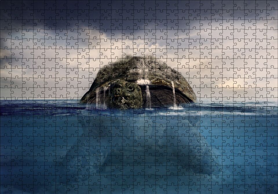 Deniz Kaplumbağası Sırtında Ada ve Şelaleler İllüstrasyon Puzzle Yapboz MDF Ahşap 500 Parça 49 cm X 68 cm