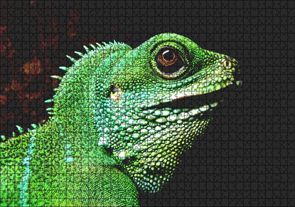 Parlak Yeşil Renkleriyle Kertenkele Puzzle Yapboz MDF Ahşap 1000 Parça 49 cm X 68 cm