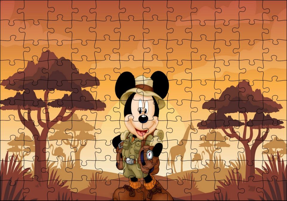 Mickey Mouse Çizgi Film Safari Gün Batımı Puzzle Yapboz MDF Ahşap