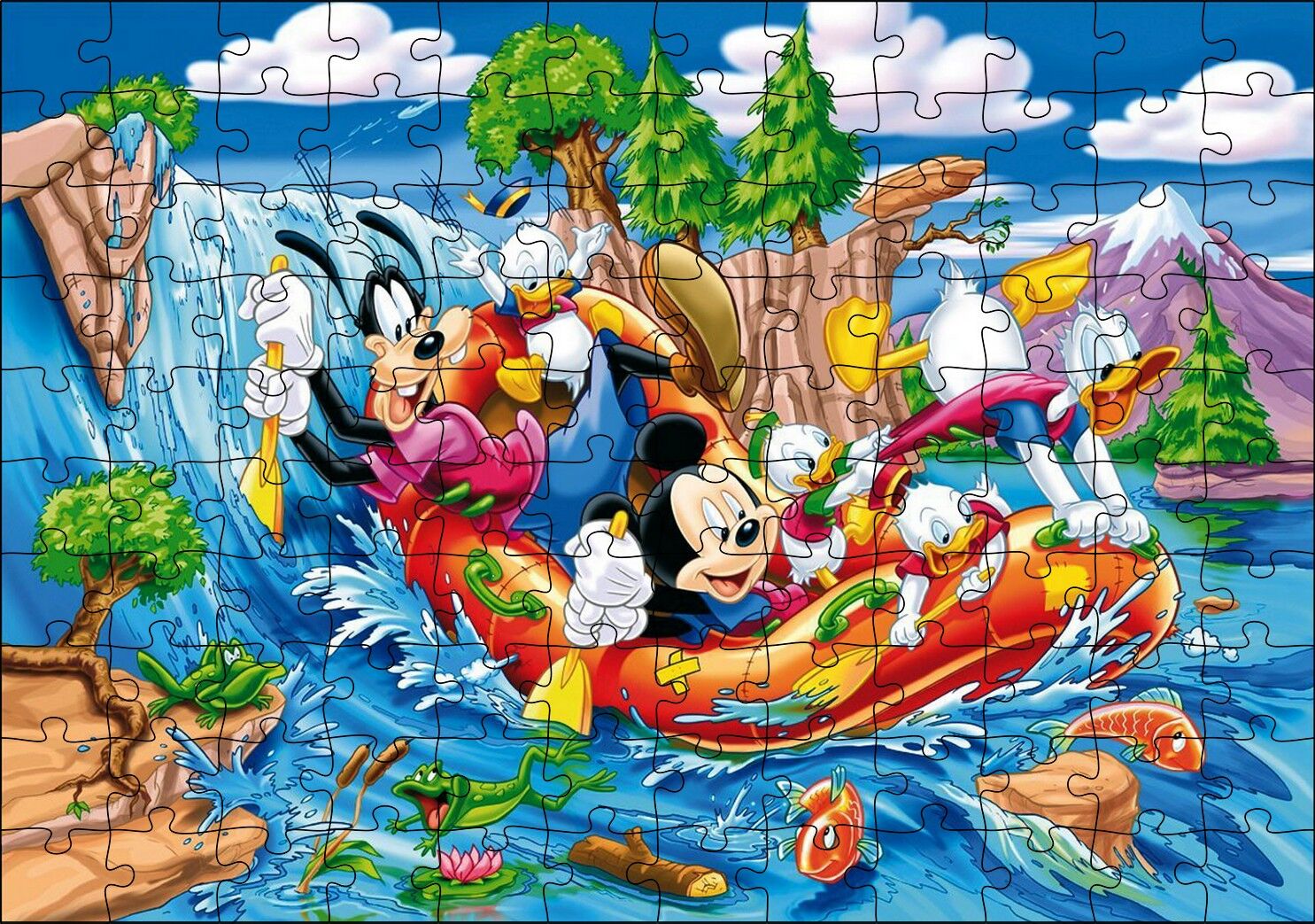 Mickey Mouse Donald Duck Ve Nehirde Yelkenli Puzzle Yapboz MDF Ahşap