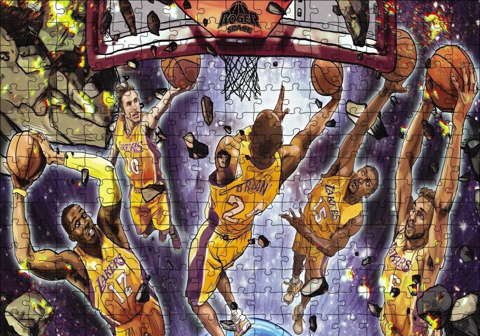 Los Angeles Lakers Beşli Smaç Potaaltı Çizim Puzzle Yapboz MDF Ahşap 255 Parça 34 cm X 49 cm