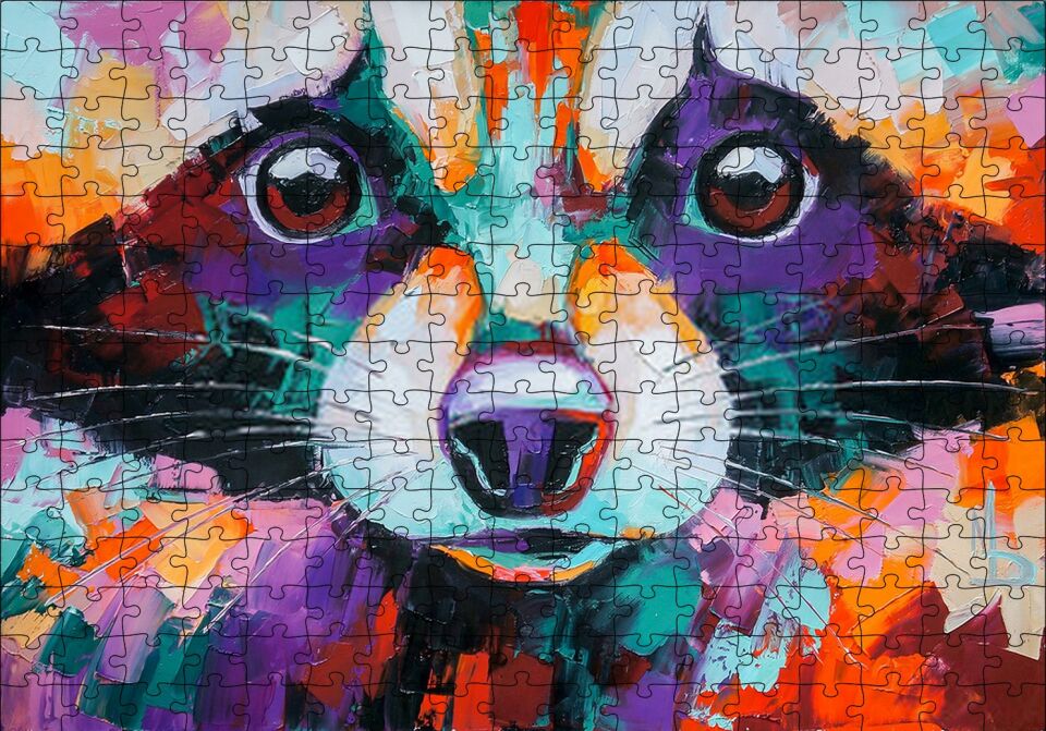 Soyut Boyalı Rakun Görseli Puzzle Yapboz MDF Ahşap 255 Parça 34 cm X 49 cm