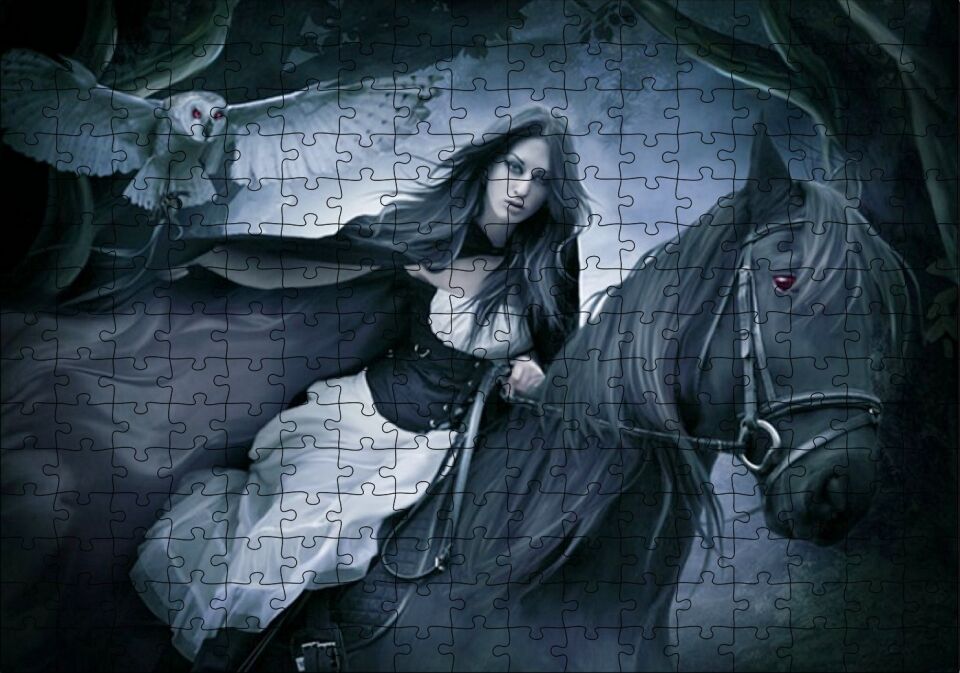 Siyah Atlı Gotik Kız ve Baykuş Puzzle Yapboz MDF Ahşap 255 Parça 34 cm X 49 cm