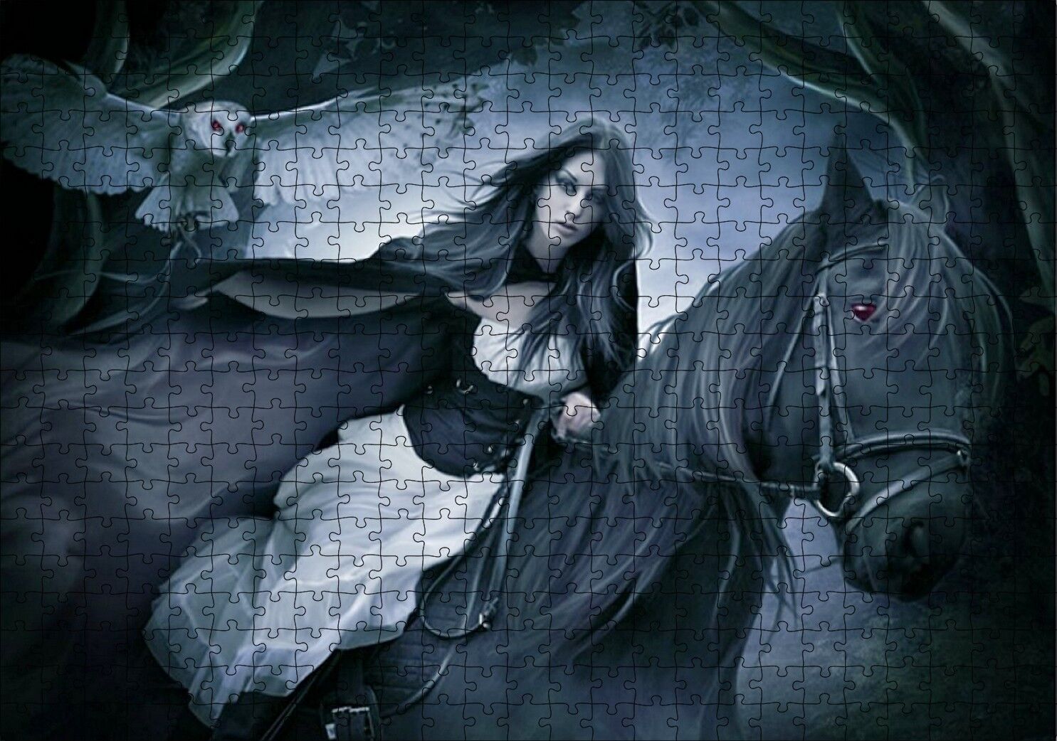 Siyah Atlı Gotik Kız ve Baykuş Puzzle Yapboz MDF Ahşap 500 Parça 49 cm X 68 cm