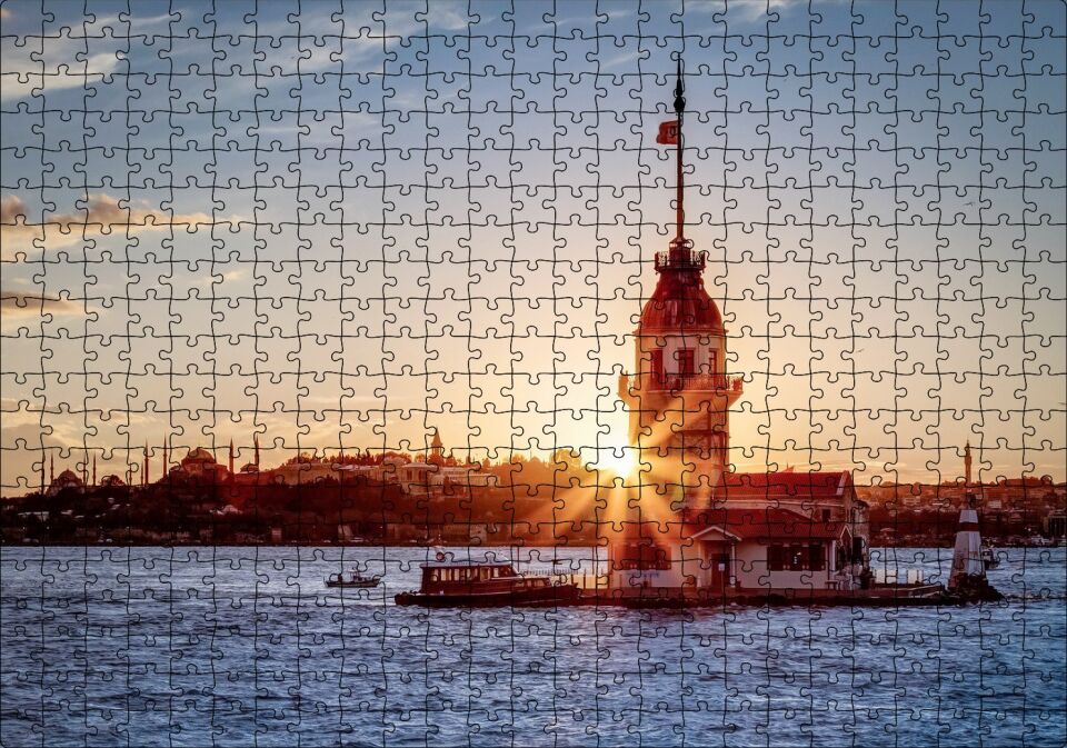 Boğaz Kız Kulesi ve Günbatımı Puzzle Yapboz MDF Ahşap 500 Parça 49 cm X 68 cm