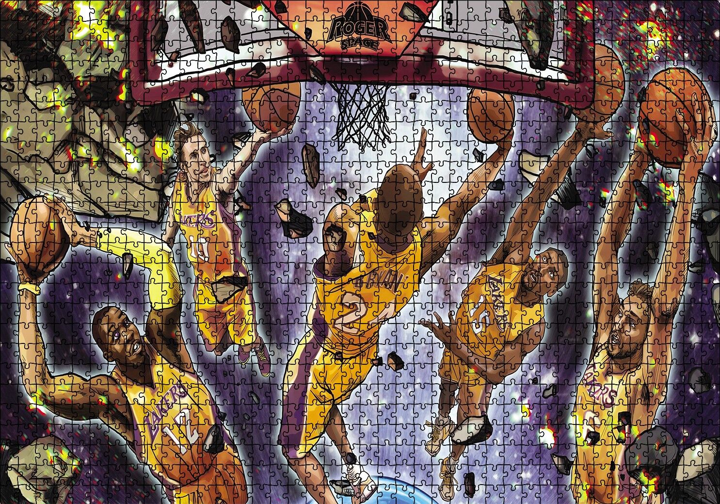 Los Angeles Lakers Beşli Smaç Potaaltı Çizim Puzzle Yapboz MDF Ahşap 1000 Parça 49 cm X 68 cm
