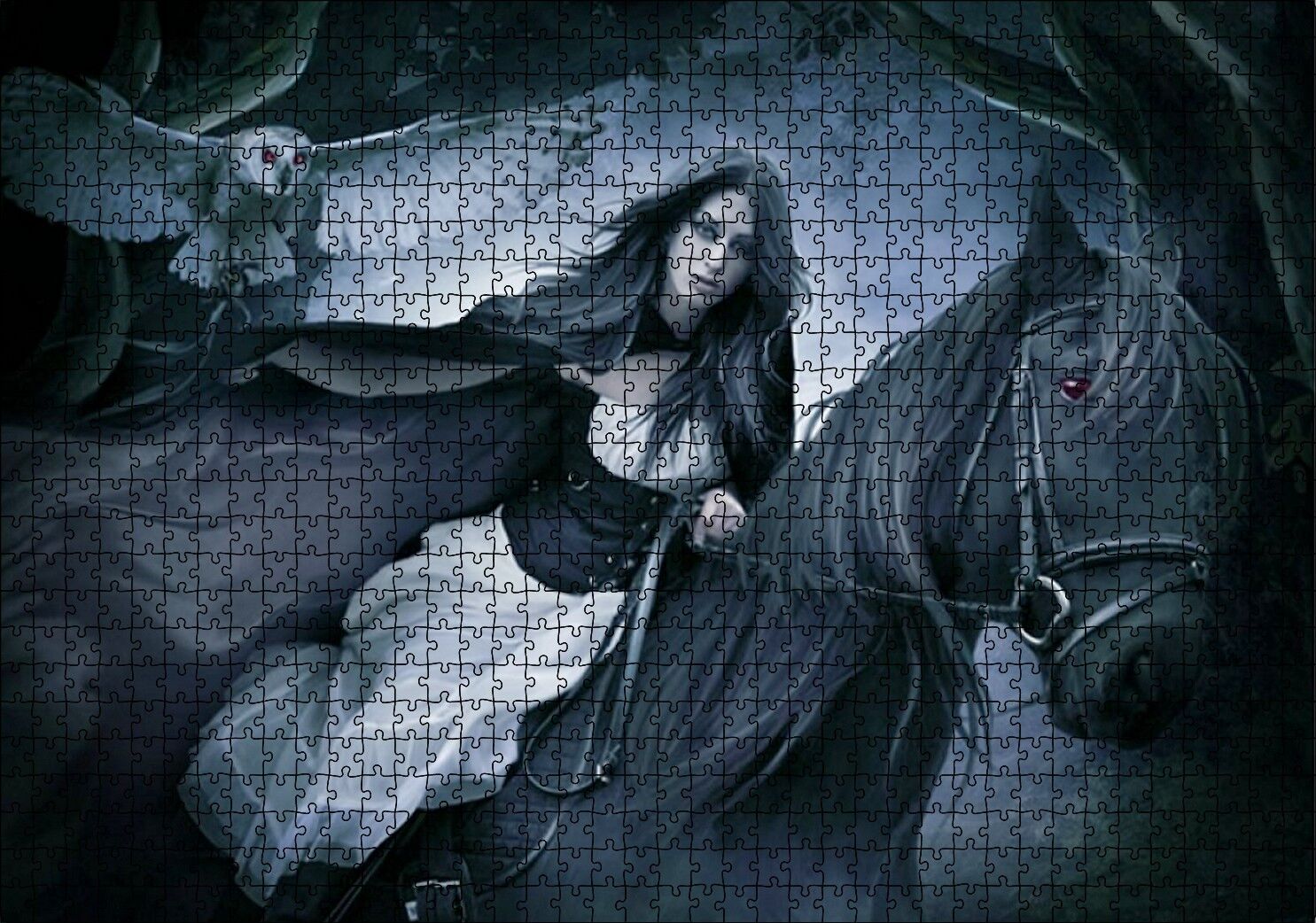 Siyah Atlı Gotik Kız ve Baykuş Puzzle Yapboz MDF Ahşap 1000 Parça 49 cm X 68 cm
