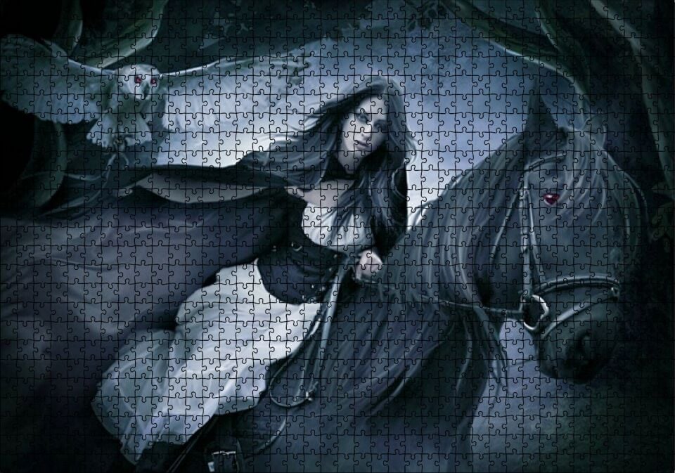 Siyah Atlı Gotik Kız ve Baykuş Puzzle Yapboz MDF Ahşap 1000 Parça 49 cm X 68 cm