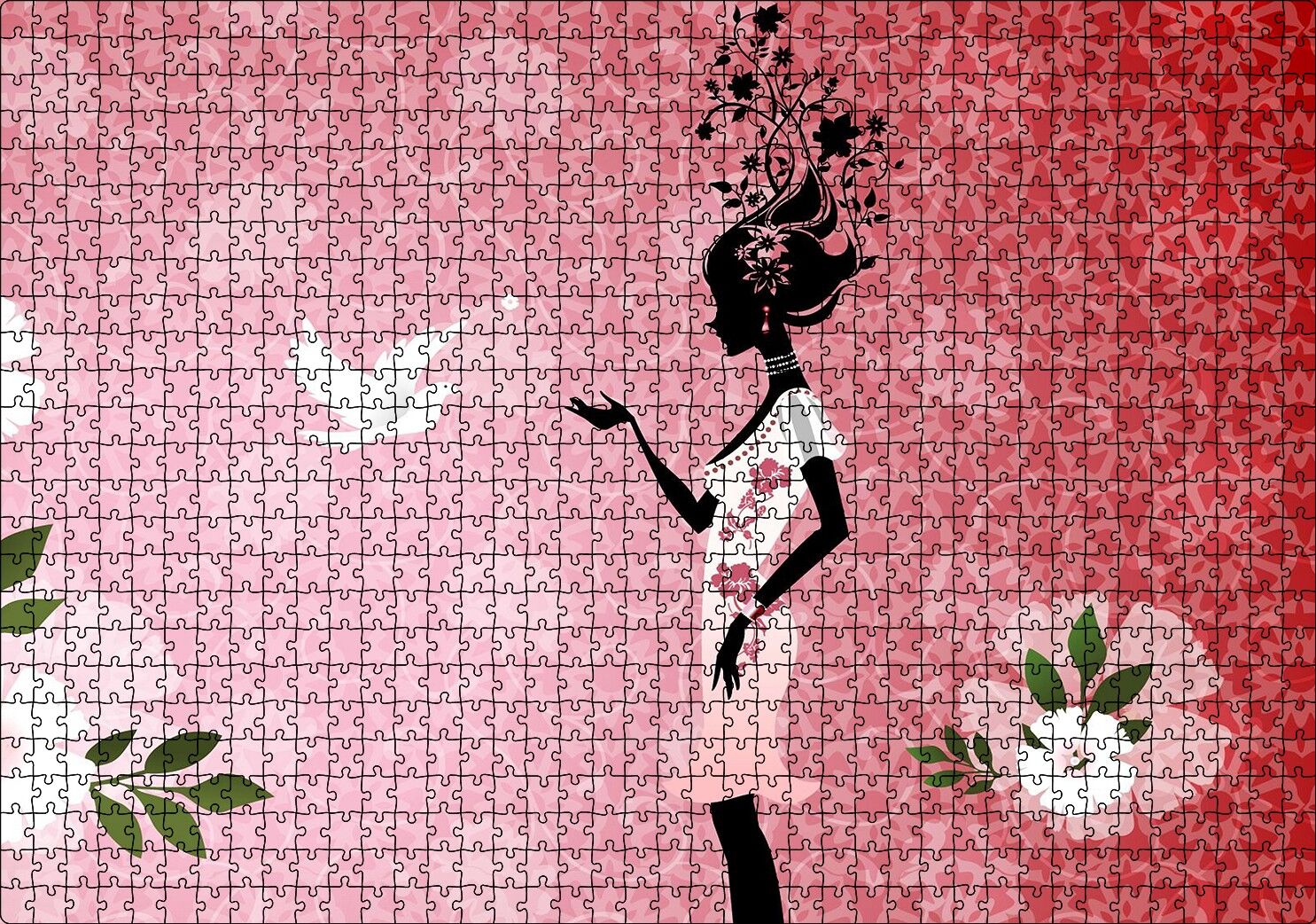 Beyaz Elbiseli Kadın ve Güvercin Puzzle Yapboz MDF Ahşap 1000 Parça 49 cm X 68 cm