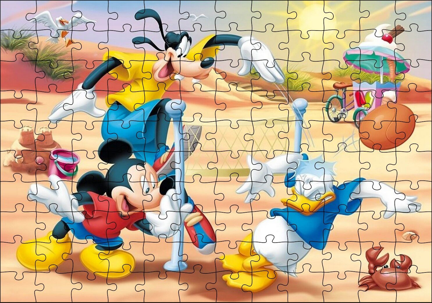 Mickey Mouse Goofy ve Donald Duck Plaj Voleybolu Puzzle Yapboz MDF Ahşap