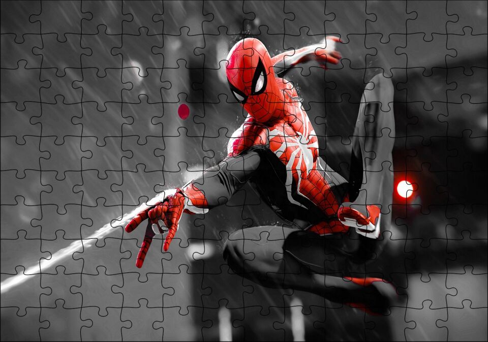 Siyah Kırmızı Kostümlü Spider Man Puzzle Yapboz MDF Ahşap 120 Parça 24 cm X 34 cm