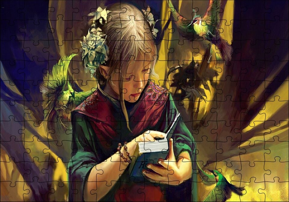 İncil Okuyan Küçük Kız ve Çiçekler Puzzle Yapboz MDF Ahşap 120 Parça 24 cm X 34 cm