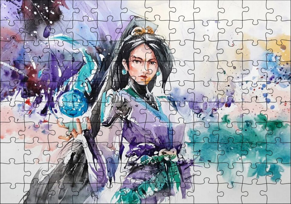 Kadın Savaşçı Suluboya Efekt Puzzle Yapboz MDF Ahşap